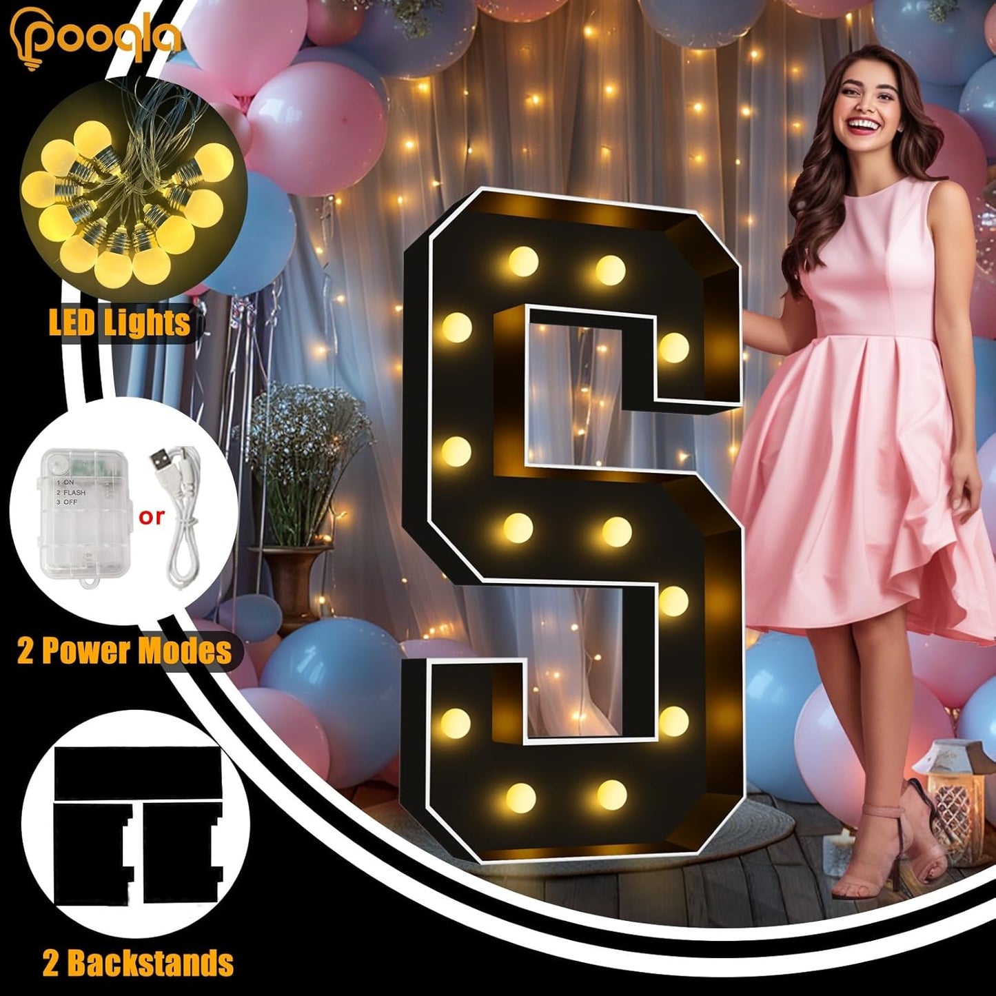 Pooqla 4 FT Marquee Light Up Letters, Black Marquee Letter Lights 4 Feet Tall for Birthday Decoration, Big Mosaic Letters Sign for Balloons Party Anniversary Wedding Decorations, Giant Warm White Z