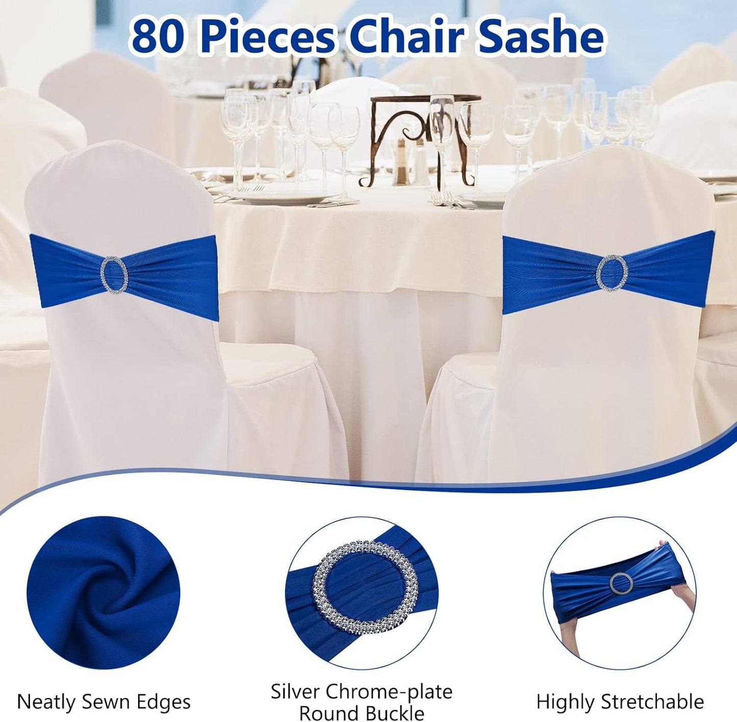 CHENGU 150 Pieces Spandex Stretch Chair Sashes Bows Elastic Chair Cover Bands Ties with Buckle Slider for Wedding Party Reception Events Universal Ceremony Banquet Decorations (Blue)