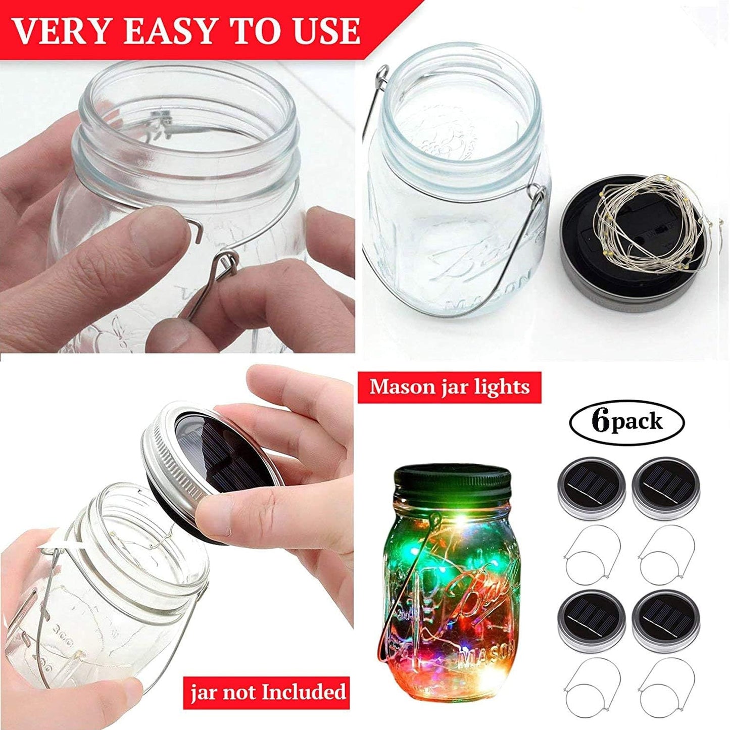 VOOKRY 6 Pack Solar Mason Jar Lights, 30 LED Mason Jar Lids Waterproof Firefly Fairy String Lights with 6 Hangers(No Jars), for Outdoor Patio Garden Yard Lawn Party Wedding Decoration - Multicolor