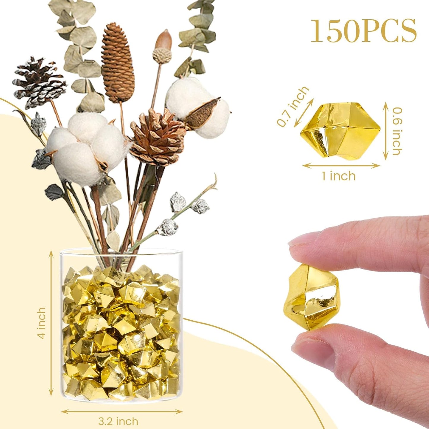 DomeStar 150PCS Fake Gold Ice, Acrylic Ice Fake Plastic Gold Nuggets Rocks Gems Marble Vases Fillers for Table Scatter Birthday Wedding Party Decoration