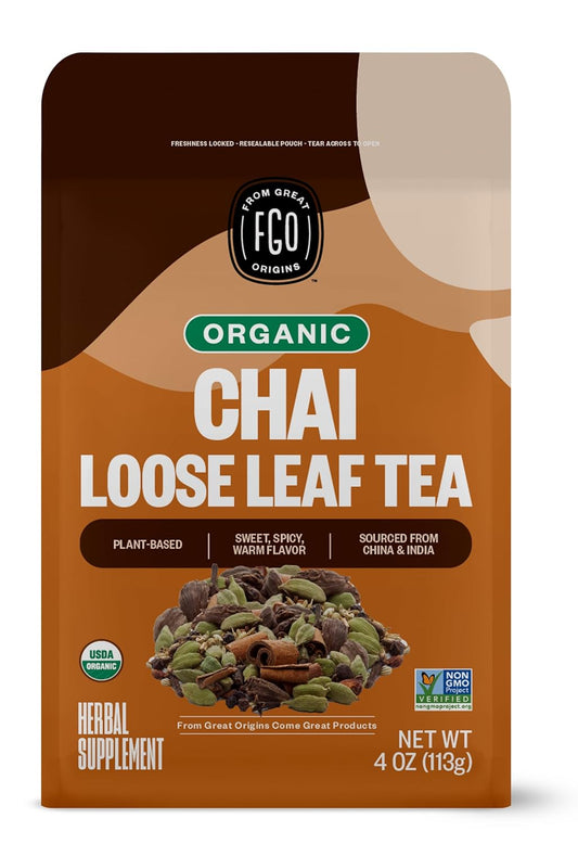 FGO Organic Chai Tea, 4 Ounce Loose Leaf, Resealable Bag, Packaging May Vary (Pack of 1)