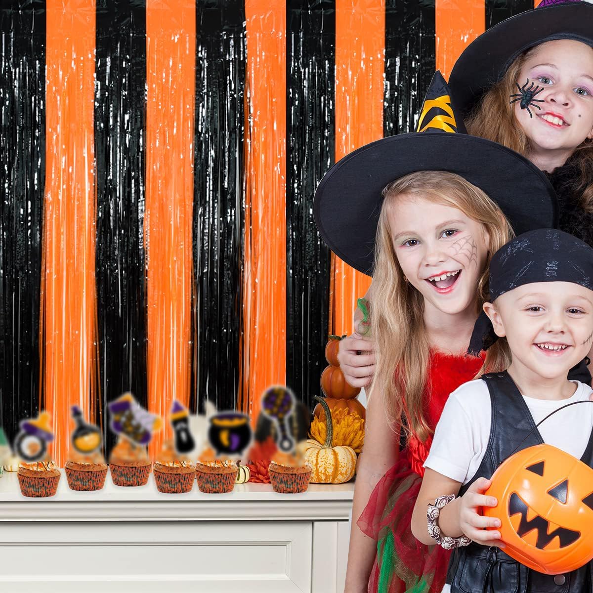 TONIFUL 2Pcs Black Orange Door Streamers,Photo Booth Backdrop Metallic Streamers Foil Fringe Curtains for Birthday,Christmas,New Year,Bachelorette,Halloween Party Streamers Decor(9.9ft x 6.6ft)