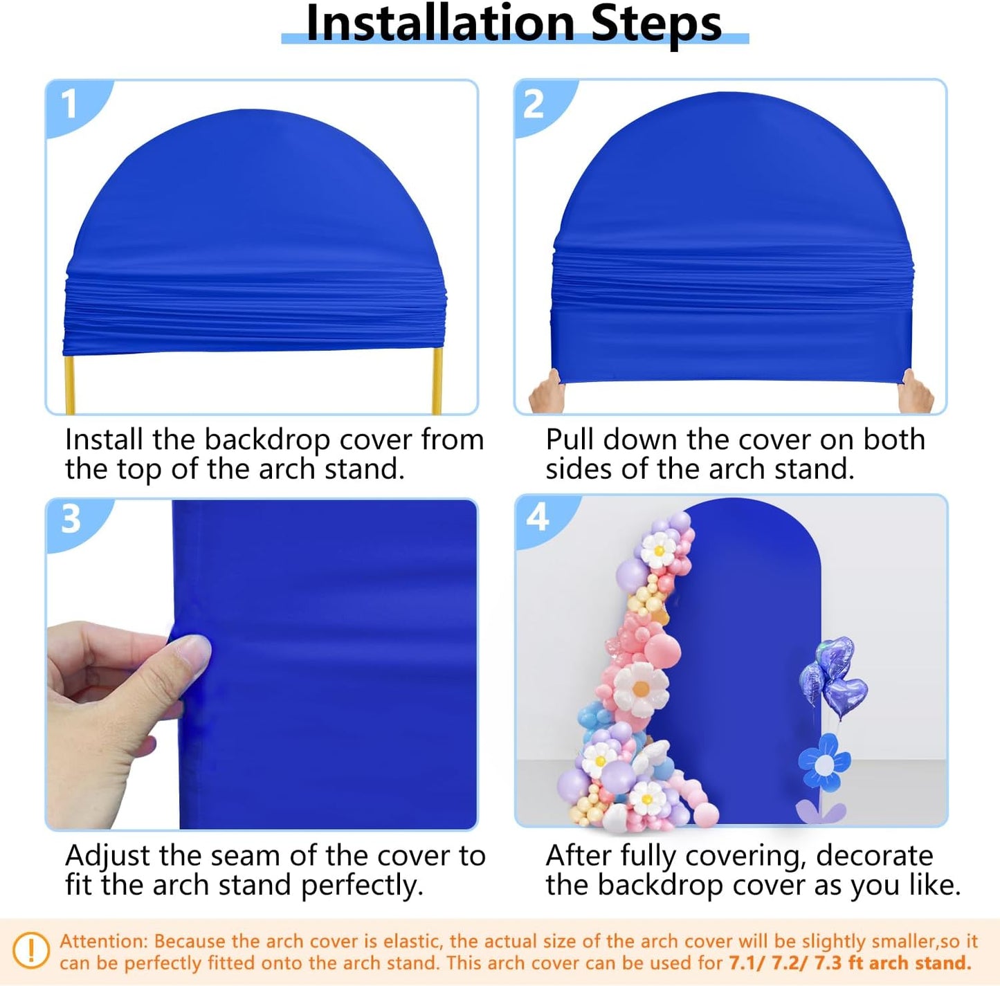 HEMMOTOP Blue Arch Cover 7.2 ft (No Arch Backdrop Stand), Spandex Wedding Balloon Stretchy Arch Backdrop for Photo, Round Top Stand Covers for Party Birthday Baby Shower Anniversary Decoration