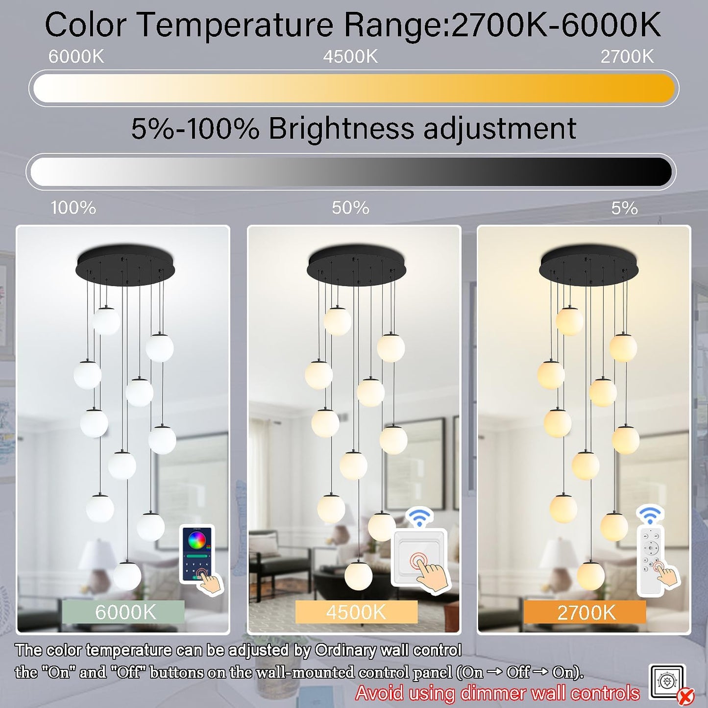 H118 Large Chandeliers for High Ceilings,12-Lights Mid Century Globe Chandelier Black Modern Globe Pendant Light for Entryway Villas and Stairs