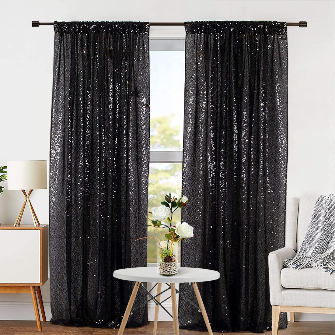 Eternal Beauty Sequin Backdrop Curtains, 2x8 Ft-2 Panels Black Back Drop for Shimmer Photography Party Wedding Birthday Decor