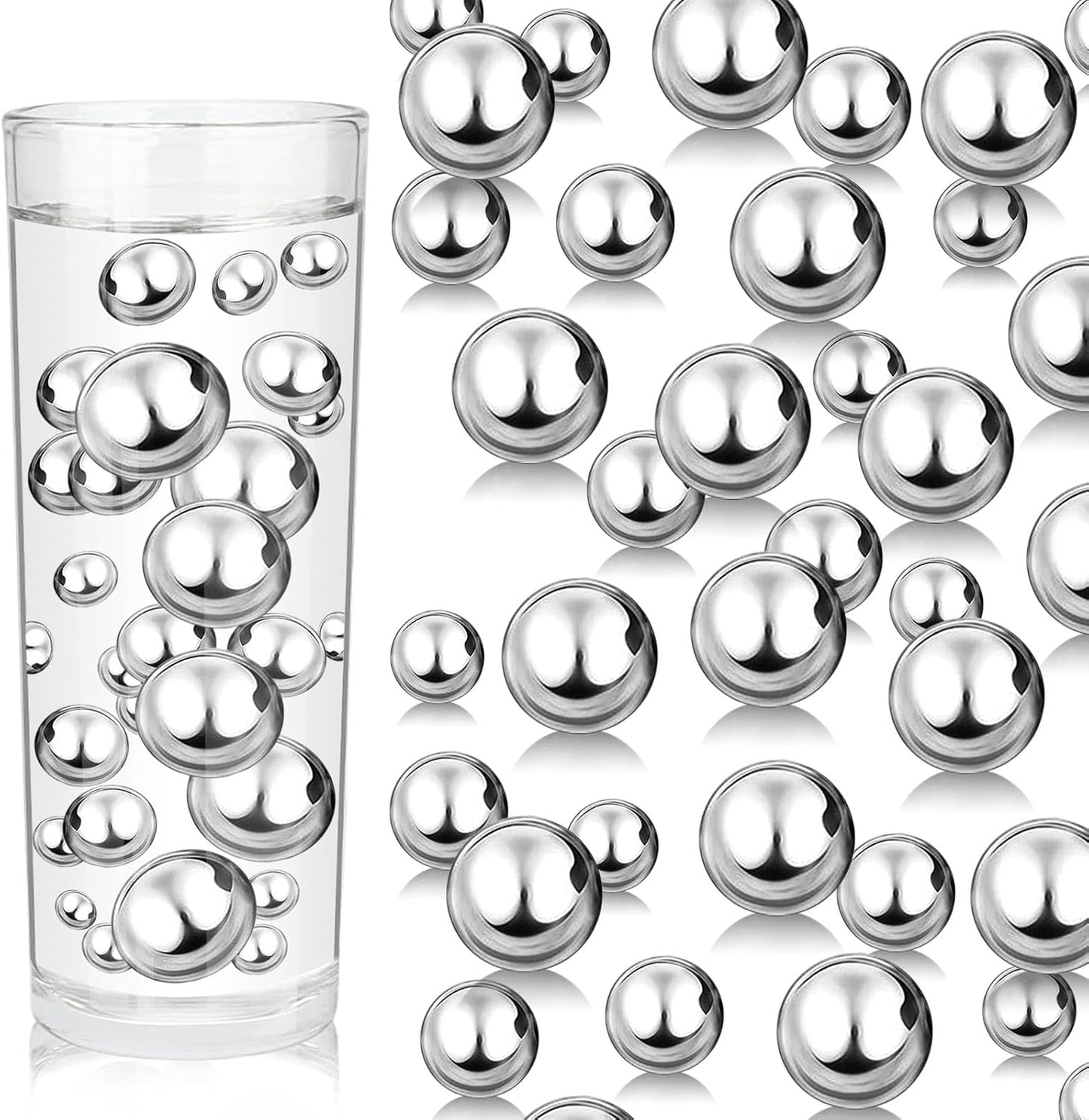 100PCS Silver Faux Pearls Beads for Centerpiece Vases, Vase Filler Faux Pearls, No Holes Filler Beads for Party Anniversary Birthday Wedding Table Decor, 14/20/30mm