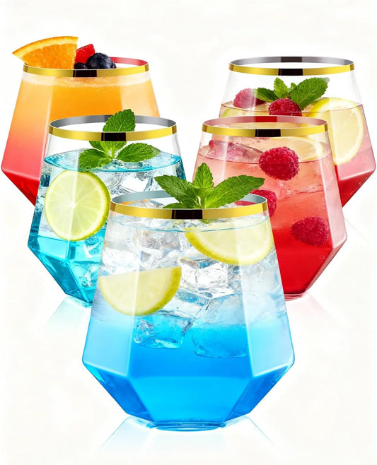 40 PCS Clear & Gold Rim 12 Oz Plastic Wine Whiskey Glasses, Diamond Stemless Unbreakable Disposable Wine Glasses for Party, Ideal for Beach Holidays,Halloween, Christmas, Weddings,Daily Use
