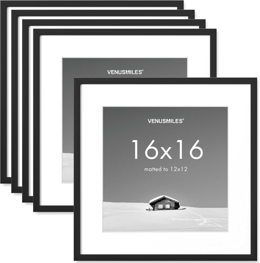 16x16 inch Picture Frame, 16x16 Photo Frames with 12x12 Removable Mat - High Definition Plexiglass - Vertical and Horizontal Display - Wall Hanging Frame - Black, 5 Pack