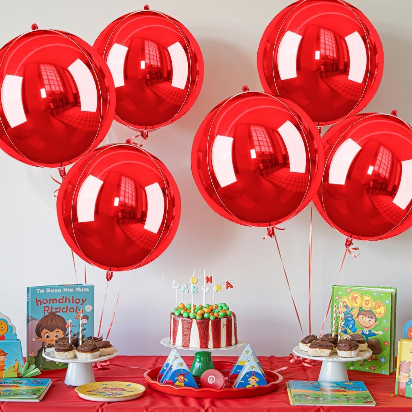 Red Giant 4D Foil Balloons, 6Pcs Large Metallic Round Balloons, 22 Inch Big Round Foil Balloon for Red Birthday Party Baby Shower Wedding Decorations