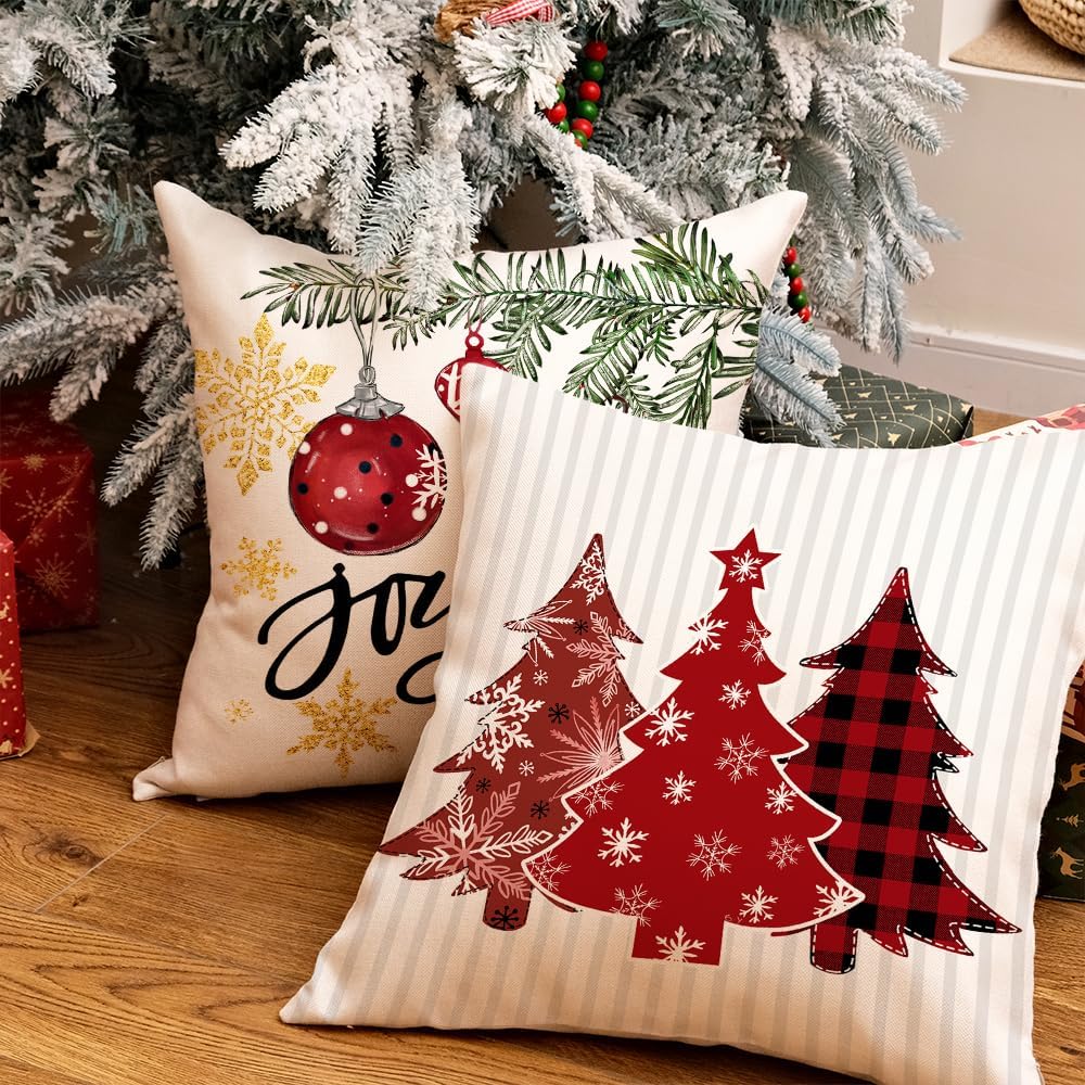 GEEORY Winter Christmas Throw Pillow Covers 20 x 20 Inch Set of 4, Xmas Trees Snowflake Snowman Joy Holiday Farmhouse Decorative Cushion Cases for Home Decoration G583-20