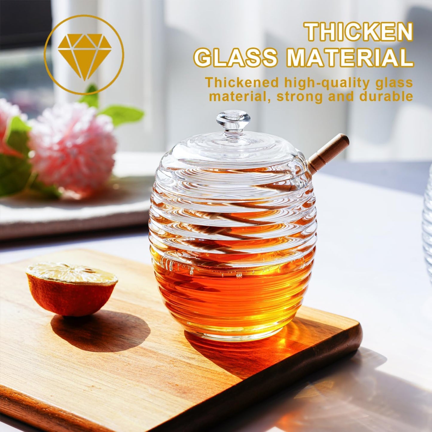 kanpura 9oz Glass Honey Dispenser, Glass Honey Jar with Dipper,Clear Crystal Honey Pot for Home Kitchen,Store Honey and Syrup,Easy to Clean