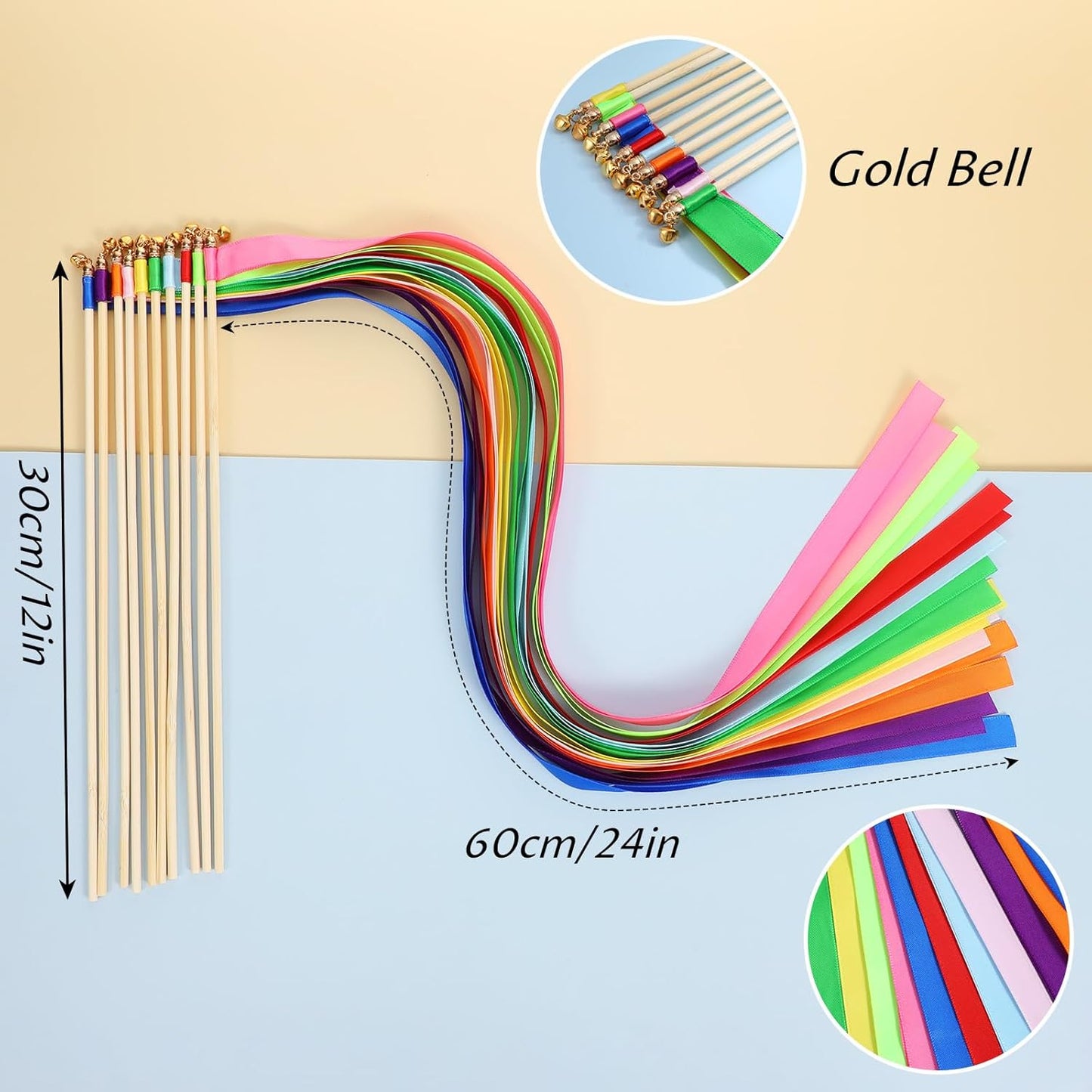 100Pcs Multi-Color Ribbon with Gold Bell, Fairy Wands Chromatic Silk Wish Wand Streamers Sticks for Wedding Send Off, Bridal Shower Party Photo Props, Birthday, Pride Parade Decorations
