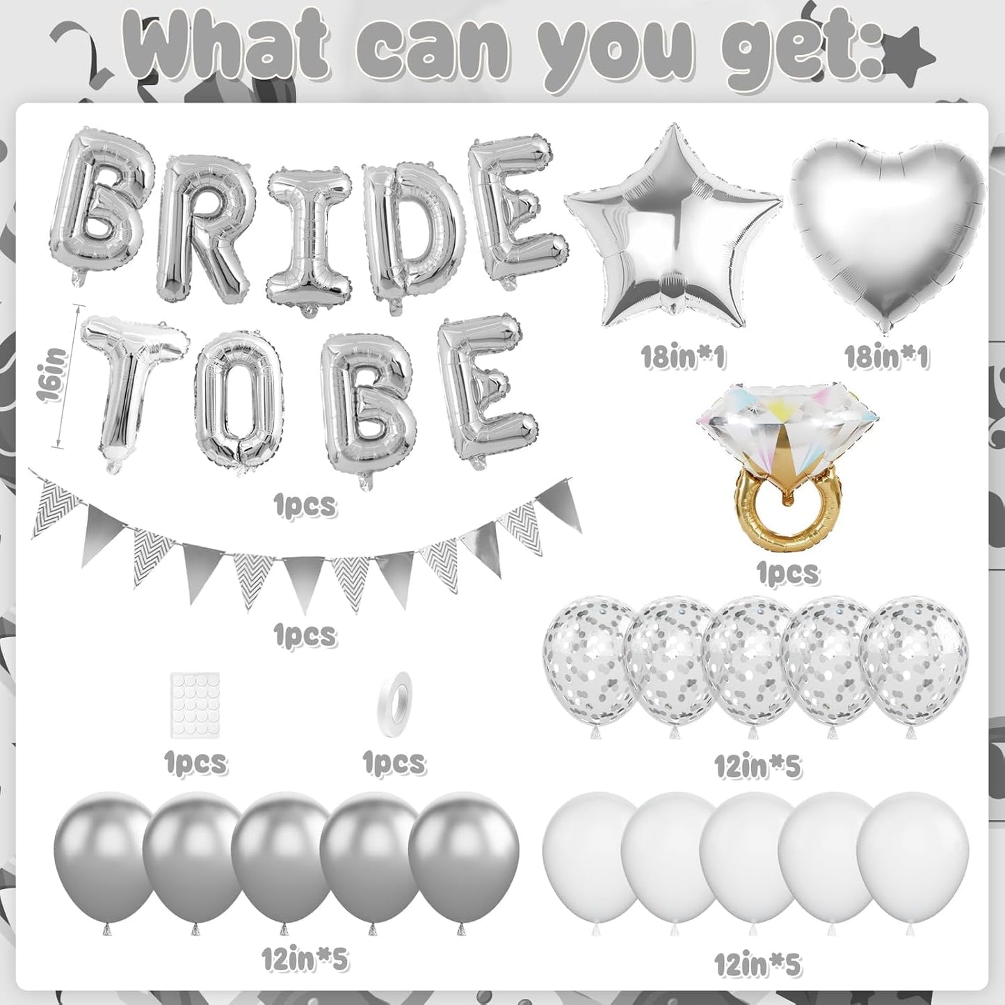 Silver Bachelorette Party Decorations, Silver Bride To Be Bridal Shower Balloons Decorations, Metallic White Balloon with Diamond Ring Star Heart Balloon for Bachelorette Engagement Wedding