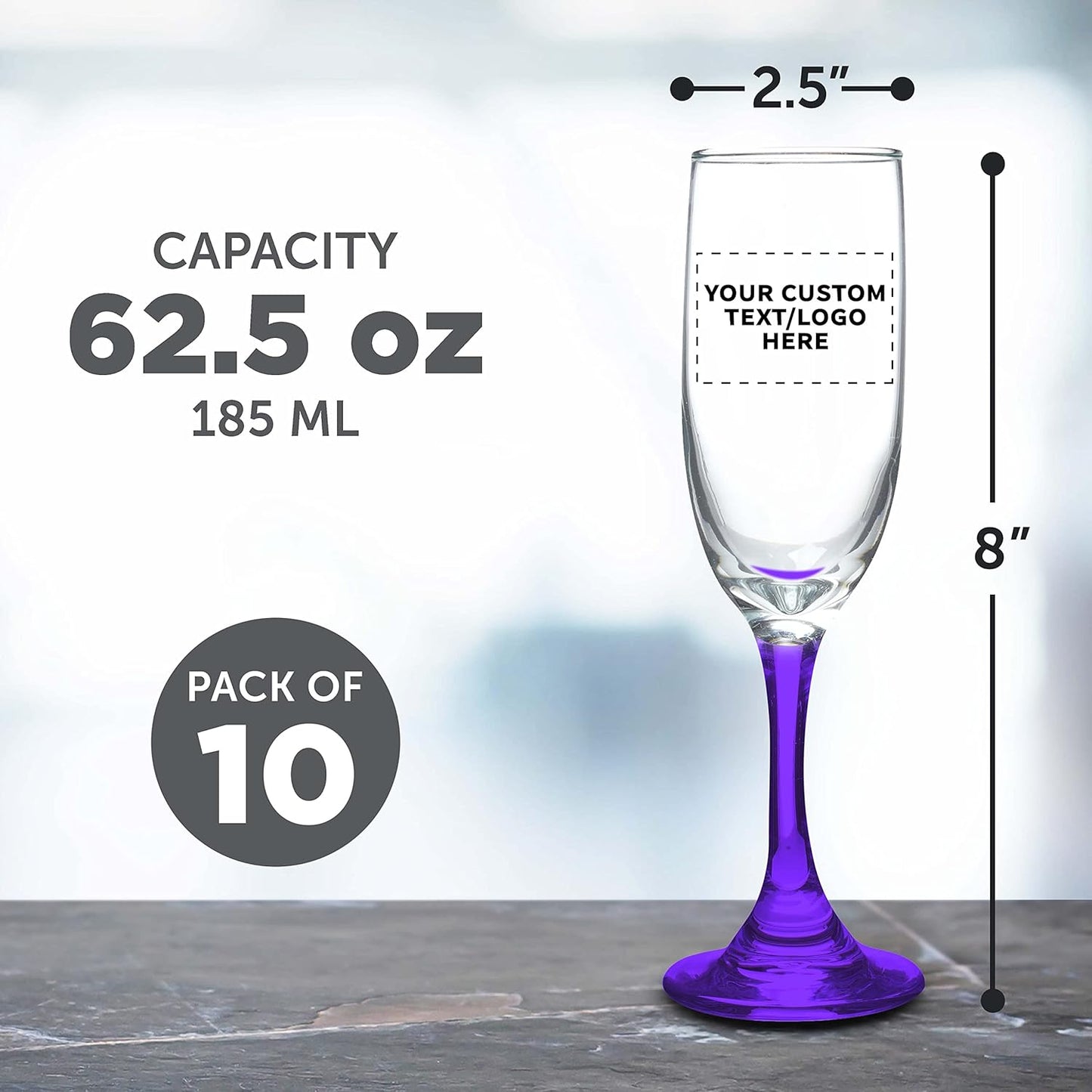 DISCOUNT PROMOS Custom Premiere Champagne Flutes 6.25 oz. Set of 10, Personalized Bulk Pack - Elegant Drinkware for Weddings, Events, & Promotional Gifts - Purple