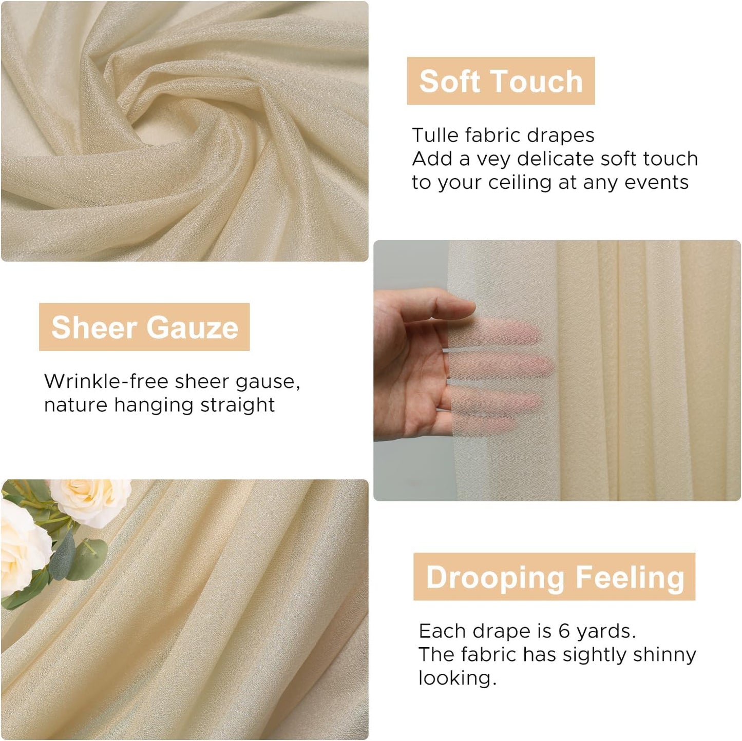 Wokceer Champagne Wedding Arch Draping Fabric Backdrop 3 Panels 28.7" X 20FT Sheer Drapes Fabric for Wedding Arbor Ceremony Party