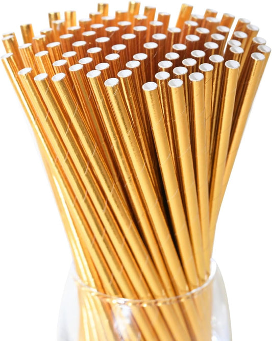 Gold Paper Straws, Disposable Drinking Straws for Graduation, Birthday, Wedding,Cocktail Party, 7.75" x 0.24" - 100 Pack