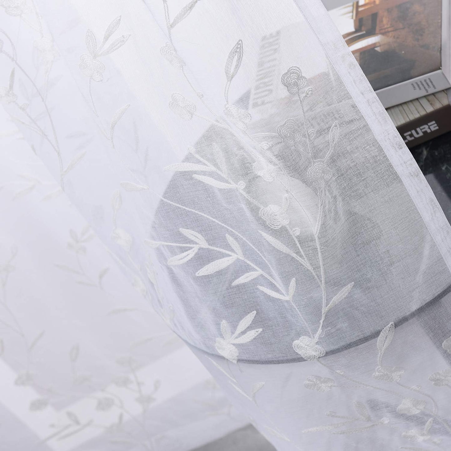 White Sheer Curtains Embroidery 63 Inch Length Rod Pocket Voile Drapes for Living room, Bedroom, Window Treatments Semi Flower Pattern Curtain Panels for Kitchen, Yard, Farmhouse, Set of 2, 52"x 63".