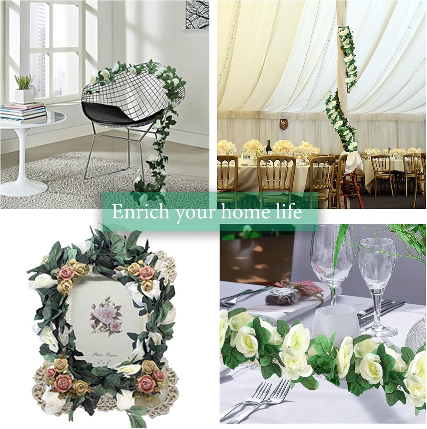 4 Pack Artificial Rose Vine Garland Fake Roses Flowers Plants Vines Hanging Floral Leaves Decoration for Wedding Party Table Garden Arch Wall Home Room Decor(White)