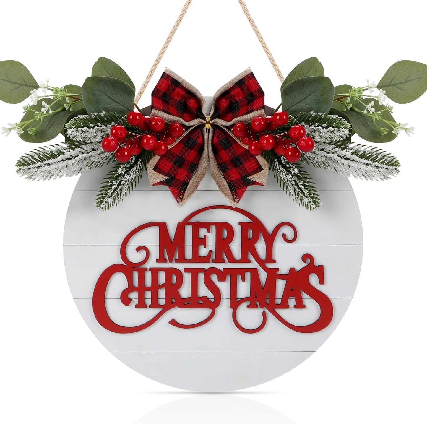 CHDITB Cute Merry Christmas Wooden Front Door Wreath(11.4”x11.4”), Farmhouse 3D Christmas Decor Hanging Sign with Red Plaid Bow Berries Mistletoe, Housewarming Gift for Xmas Winter Holiday New Year