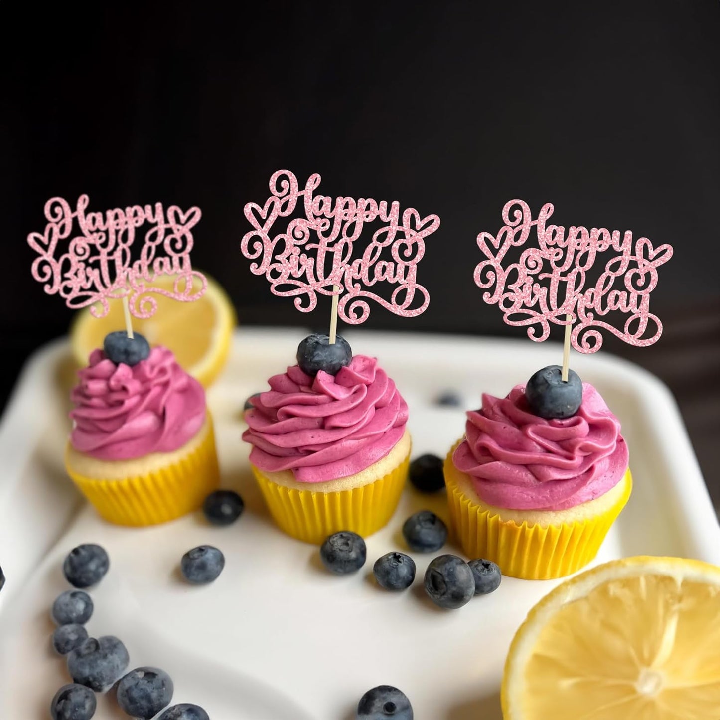 Gyufise 24Pcs Happy Birthday Cupcake Toppers Glitter Happy Birthday Cupcake Picks for Celebrating Happy Birthday Anniversary Theme Party Cake Decorations Supplies Pink