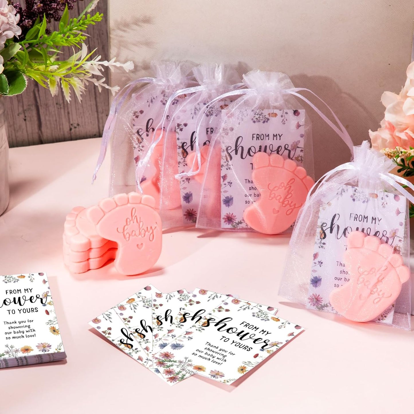 50 Sets Baby Shower Soap Favors for Guests - Mini Handmade Footprint Scented Soap with Thank You Cards and Organza Bag, Party Gifts for Gender Reveal Baptism Shower(Pink)