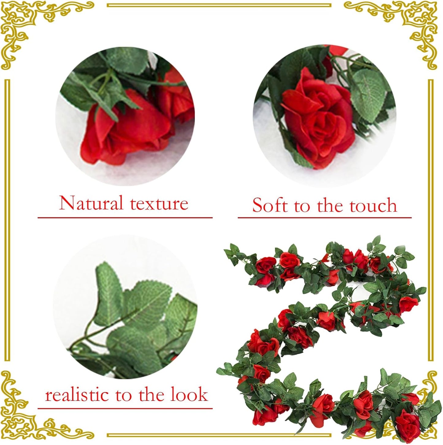 4 Pack Artificial Rose Vine Garland Fake Roses Flowers Plants Vines Hanging Floral Leaves Decoration for Wedding Party Table Garden Arch Wall Home Room Decor(Red)