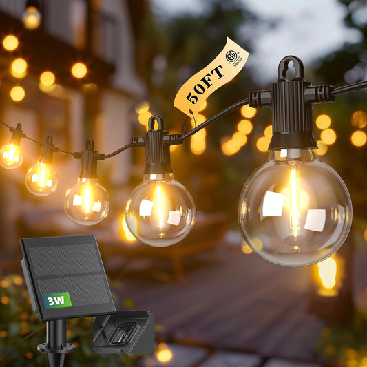 Kawaya Solar Powered String Lights for Outside, Outdoor IP65 Waterproof LED Patio Light with USB-Charging, Shatterproof Edison Hanging Lights for Bistro Yard Cafe Porch Camping (Solar-Powered 50FT)
