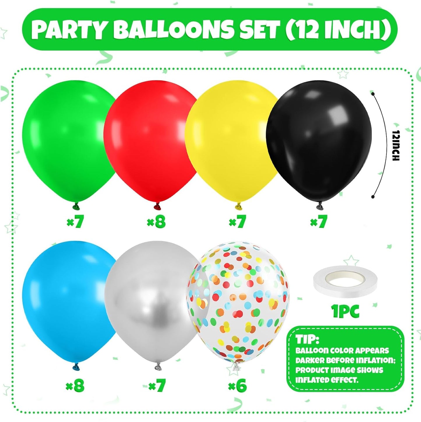 Red Yellow Blue Green Balloon, 50PCS 12Inch Multicolor Balloons with Black Red Blue Yellow Green Silver Ballons and Colorful Confetti Ballon for Birthday,Game Themed Party Supplies