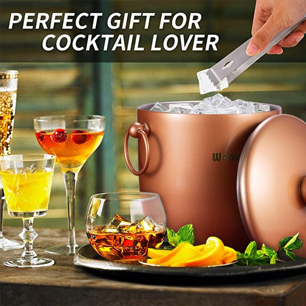 Ice Bucket with Lid, Scoop, Tongs and Strainer - Well Made Insulated Stainless Steel Keep Ice Frozen Longer - Ideal for Cocktail Bar, Parties, Chilling Wine, Champagne - 3 Liter (Copper)
