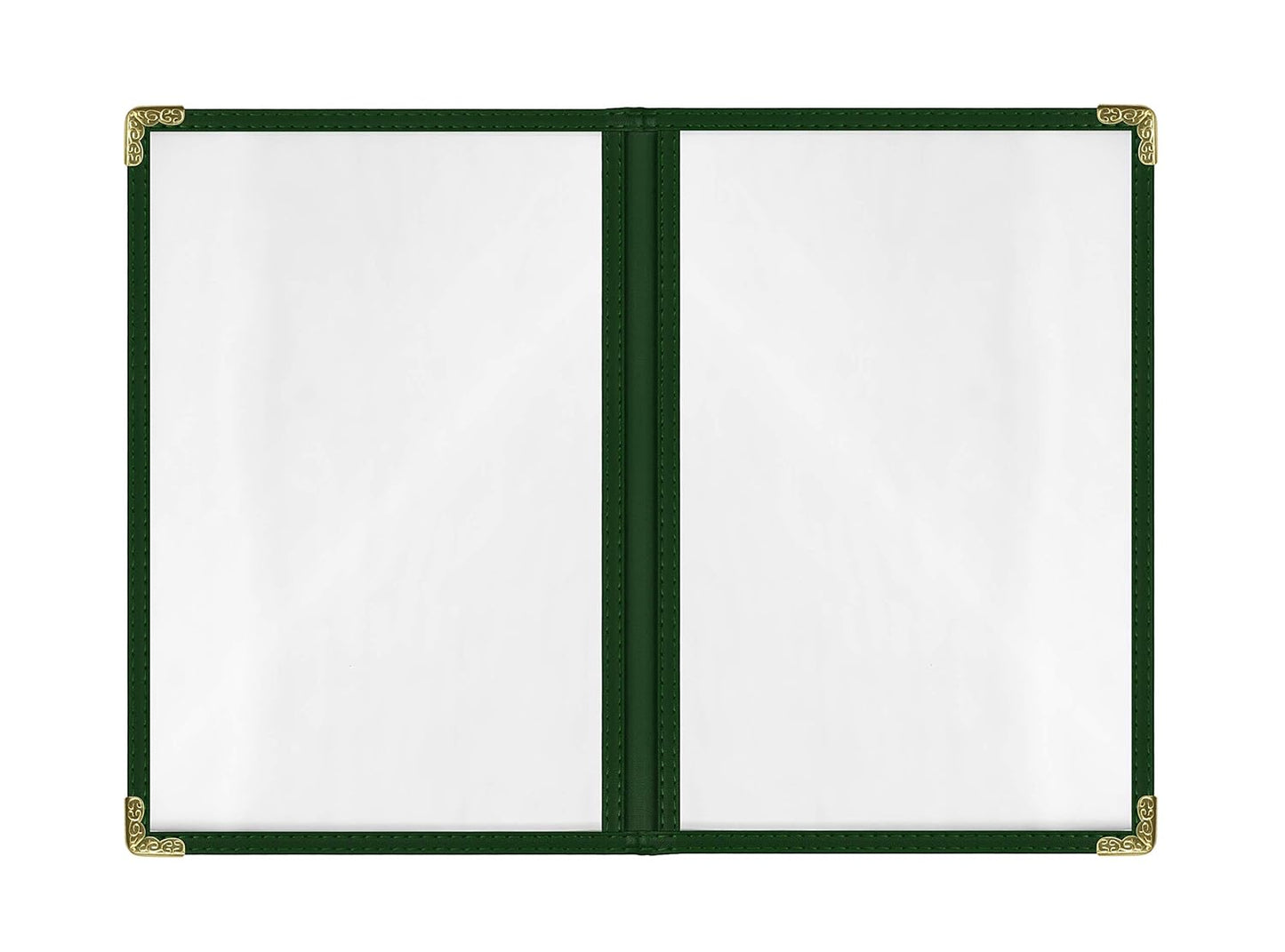 Goodsmart Restaurant Menu Covers – 25 Pack Green 4-View, Side-Loading Menu Holders, Vinyl & Plastic Café Menu Covers, Clear Menu Sleeves, Fits 5.5" x 8.5", Leather-Style Design, Gold Corners