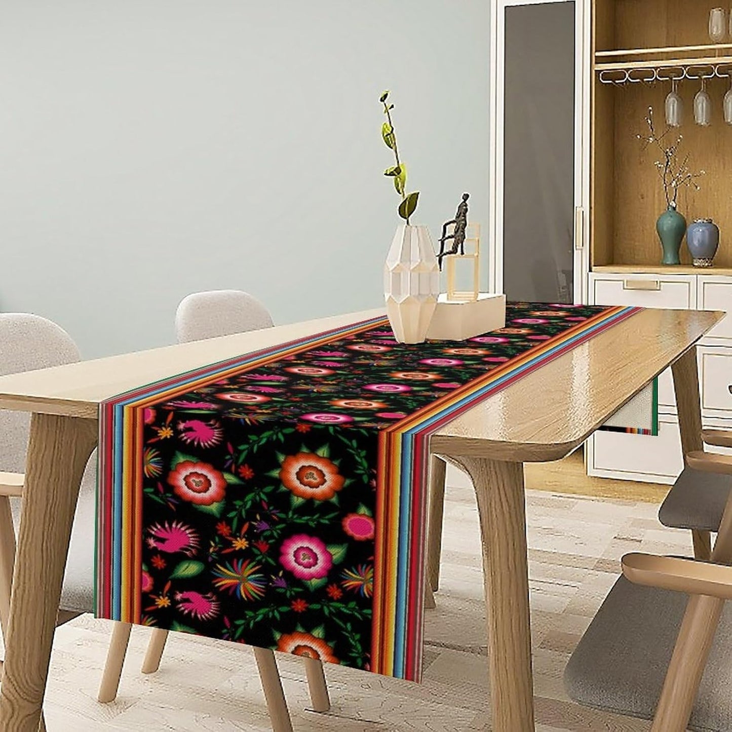 Mexican Table Runner,Colorful Flowers Cinco De Mayo Decor Table Runner for Kitchen Dining Table Home Party Decoration 13x72 Inch