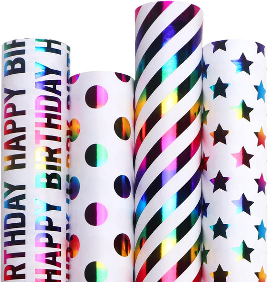 Ribbli Birthday Wrapping Paper 30 Inch Iridescent Gift Wrapping Paper 4 Rolls Happy Birthday Polka Dots Stripes Stars Printed Assortment -120 inch(10feet) Per Roll
