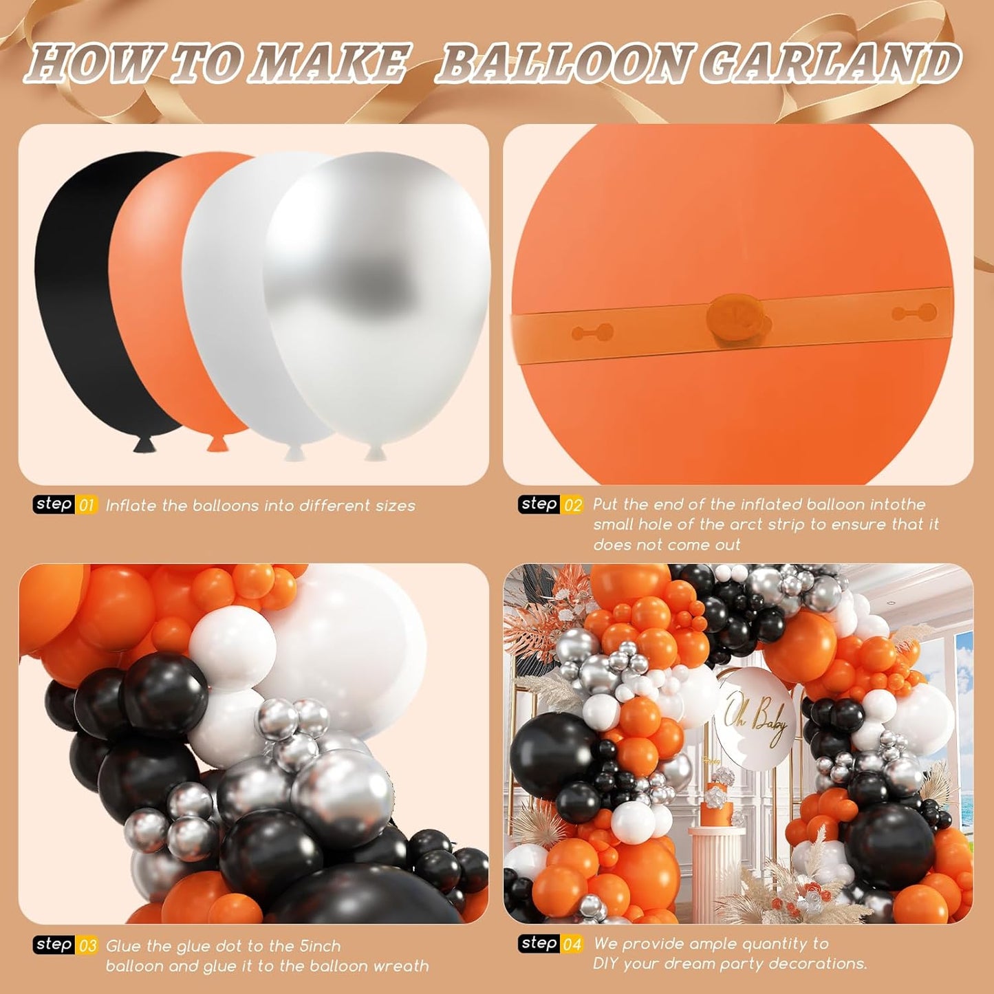 412Pcs Orange and Black Balloon Arch Kit, 18 12 10 5 Inch Different Size Orange Black White Metallic Silver Balloon for Birthday Graduation Halloween Celebration Trick or Treat Party Party Decoration