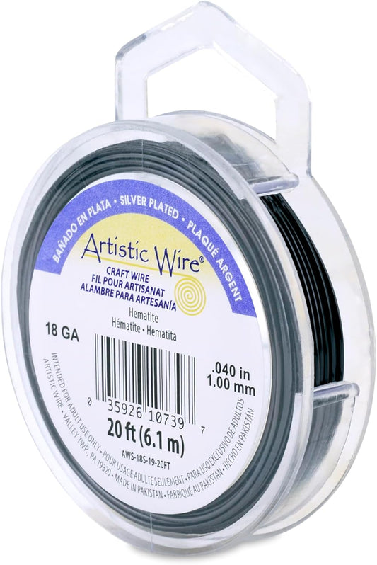 Artistic Wire, 18 Gauge Silver Plated Tarnish Resistant Colored Copper Craft Wire, Hematite, 20 ft