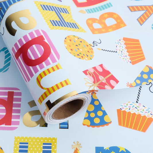 Aimyoo Blue Birthday Wrapping Paper Roll - 17 Inch X 32.8 Feet - Gold Foil Happy Birthday Lettering & Balloon Design Gift Wrap for Kids, Baby Showers