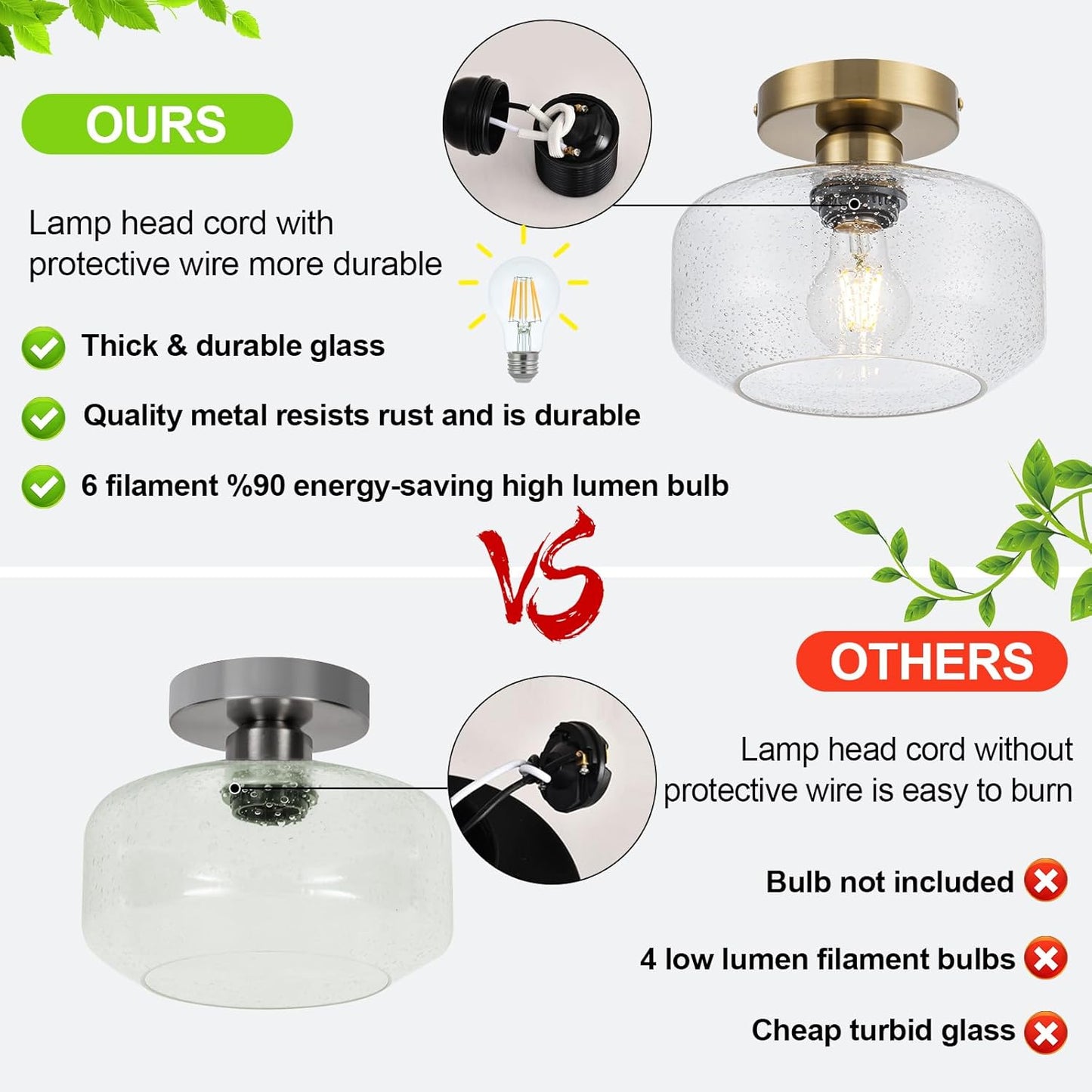 Simple & Elegant Semi Flush Mount Ceiling Light - Gold and Brass Fixture w/ 900LM LED Bulb for Kitchen, Bathroom, Hallway Lighting | Vintage Seeded Glass | Easy Install