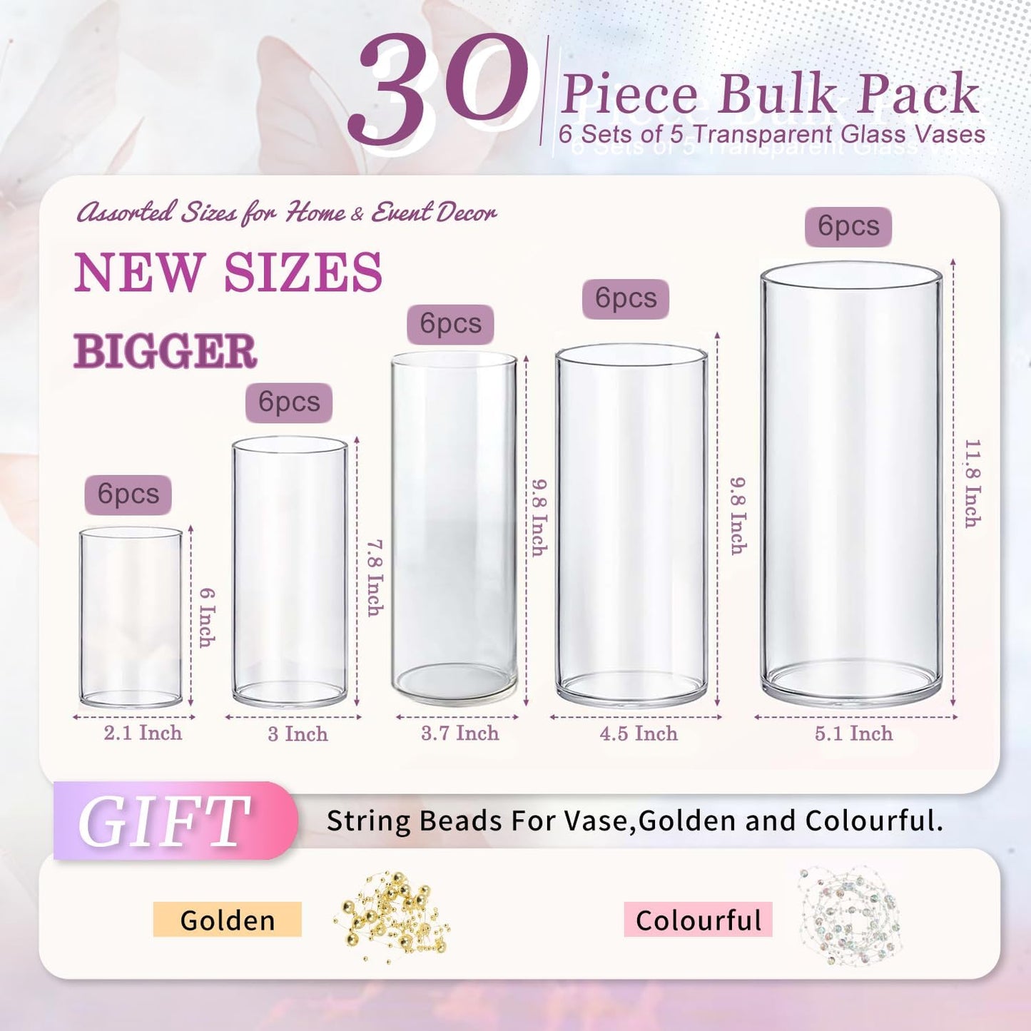 30pcs 11.8Inch Large Size Glass Vase Cylinder for Centerpieces Small Flower Glass Clear Home Decor Centerpiece Table Flower Vase Decorations for Wedding＆Holiday 6,7.9,10,10,11.8Inch Tall