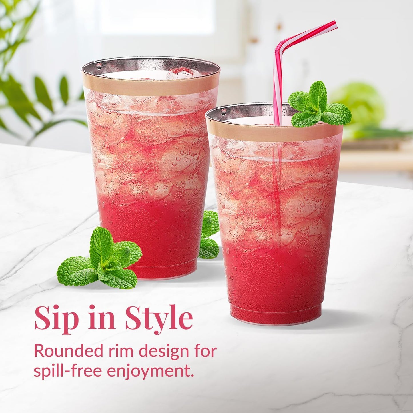 50 Pack Disposable Plastic Cups by Prestee - 14 oz Rose Gold Rimmed Plastic Wine Glasses - Heavy Duty, Pink Rim Cup - Disposable Party Cups and Fancy Wedding Tumbler - Elegant Decoration Cup for Party