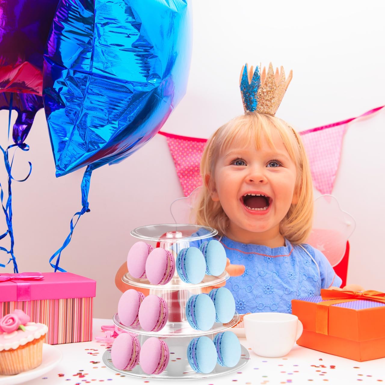 DOITOOL Macaron Tower Stand 4 Tier Transparent Plastic Round Macaron Tower Display Stand for French Macarons Cupcake Cake Holder Platter for Shower, Birthday, Wedding Party Decor