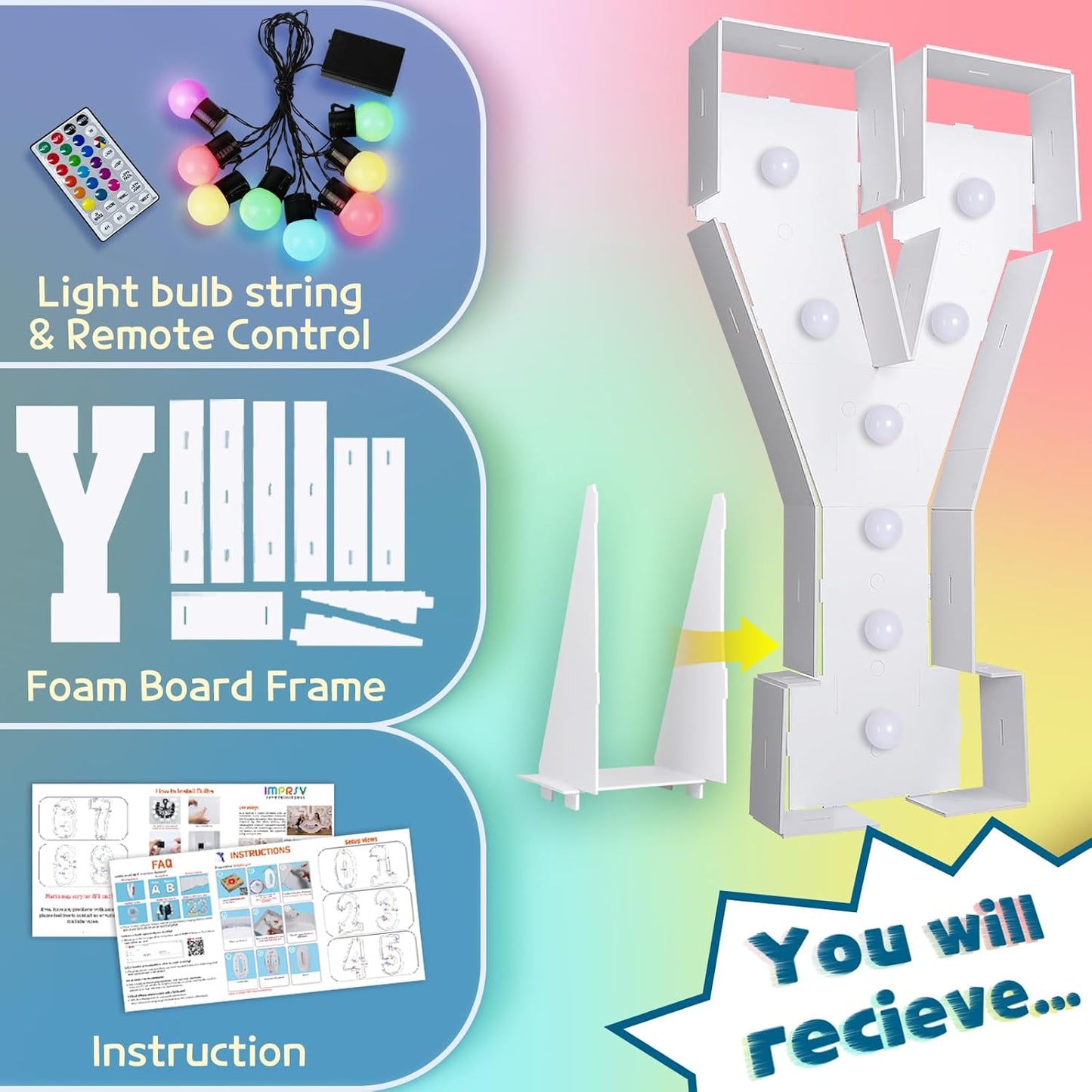 imprsv 3FT Colorful Marquee Light Up Letters Y, 18 Colors Large Light up Letters Alphabet Sign with Remote, Big Marry Me Sign, Birthday Party Decorations Baby Shower Anniversary Wedding Decoration