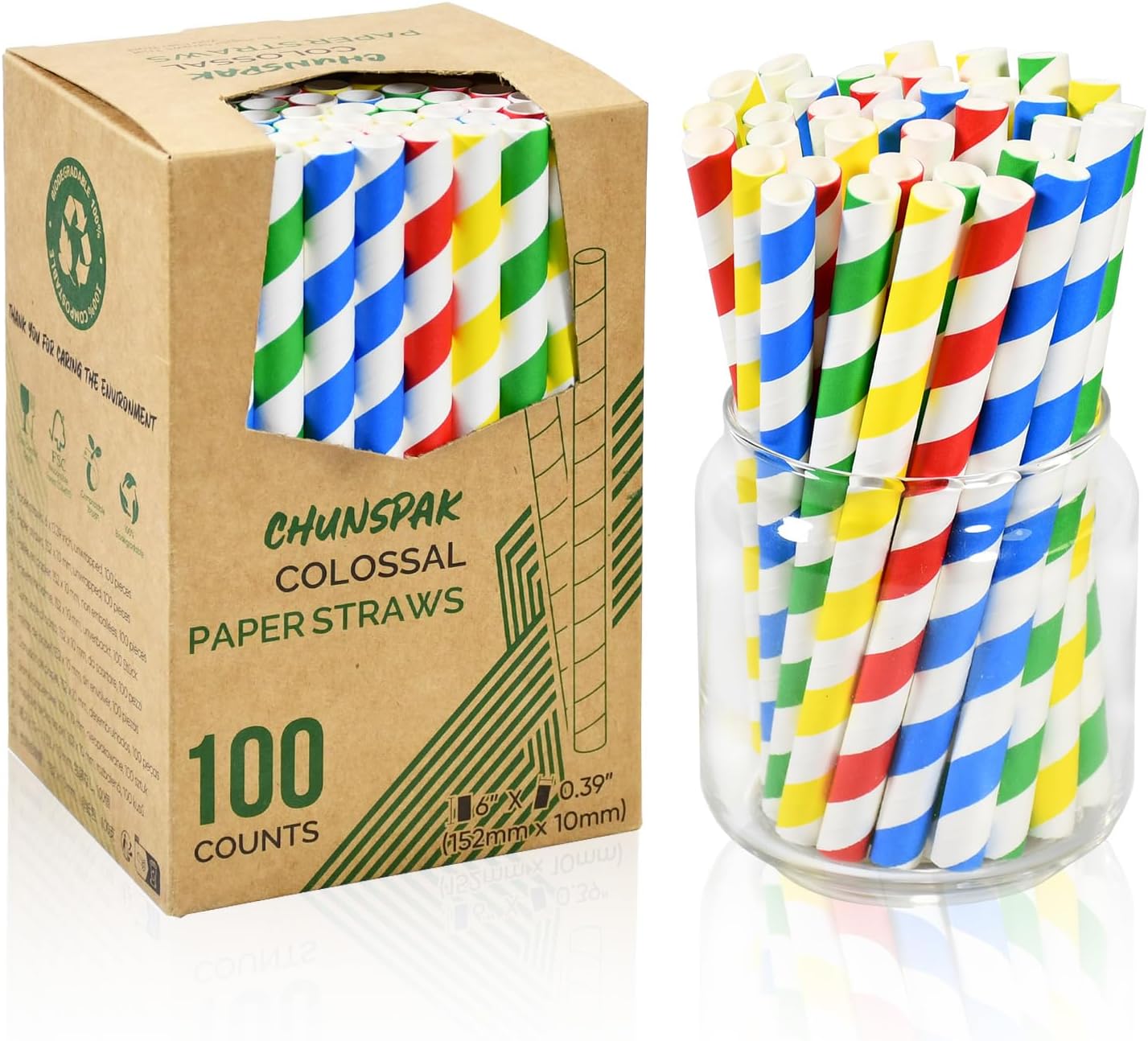 [10mm Wide] Chunspak 6" Short Fat Colorful Striped Paper Drinking Straws Disposable 100 Counts for Smoothie, Milkshakes, Thick Drinks - Biodegradable