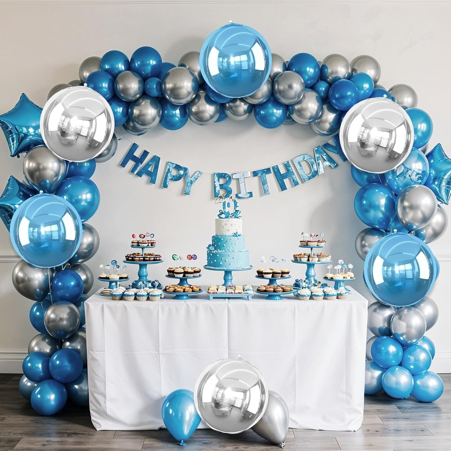 6Pcs Blue Silver Round Foil Balloons, 22inch 4D Metallic Silver Blue Balloons, Large Round Foil Ball Balloon for Boys Men Birthday Graduation Wedding Anniversary Party Backdrop Decoration