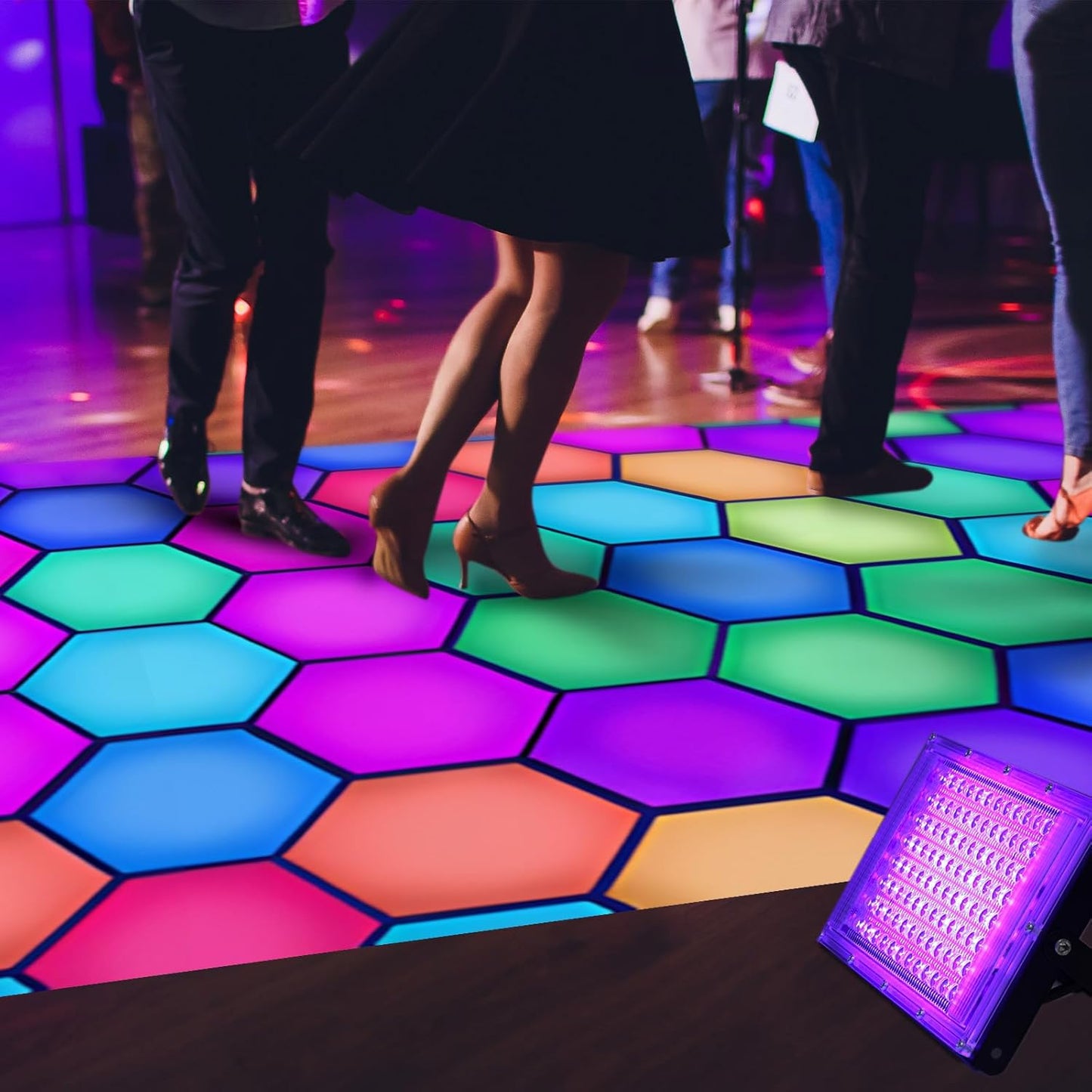 Haull 118 x 39 Inch Neon Light up Dance Floor Glow in The Dark Runner UV Reactive Blacklight Floor Aisle Runner Decor Wall Props for 80s 90s Neon Birthday Party Decorations(Hexagon)