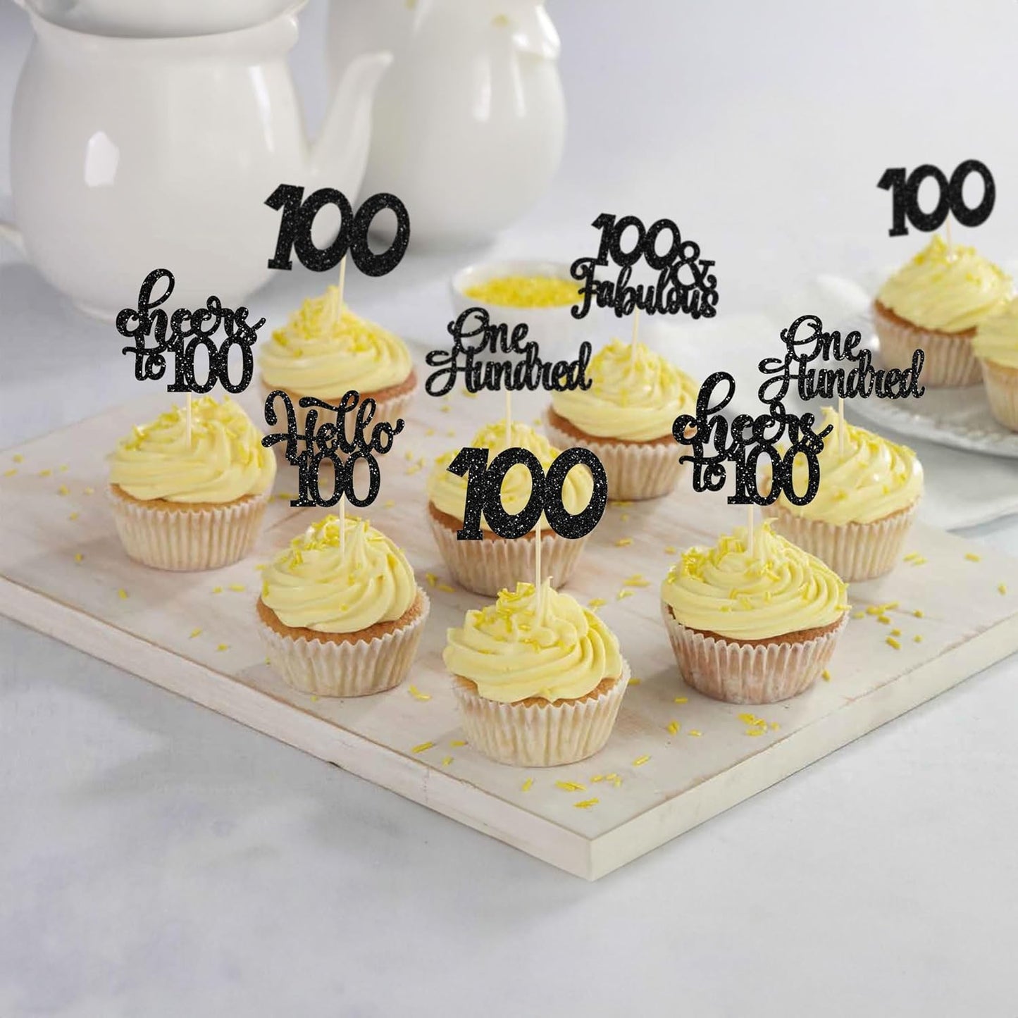 30pcs Happy 100th Birthday Cupcake Toppers - Black Glitter One Hundred Cheers to 100 Years Old Cupcake Picks for Anniversary Party Cake Decorations