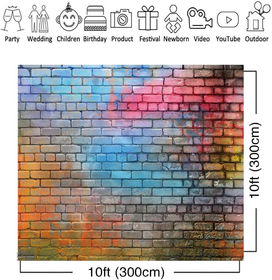 Colorful Graffiti Brick Wall Backdrop 10x10ft – Urban Street Art Background for Photography, Hip Hop Party, Graffiti Theme Event, Studio Wall Decor, Vinyl Photo Booth Banner 081