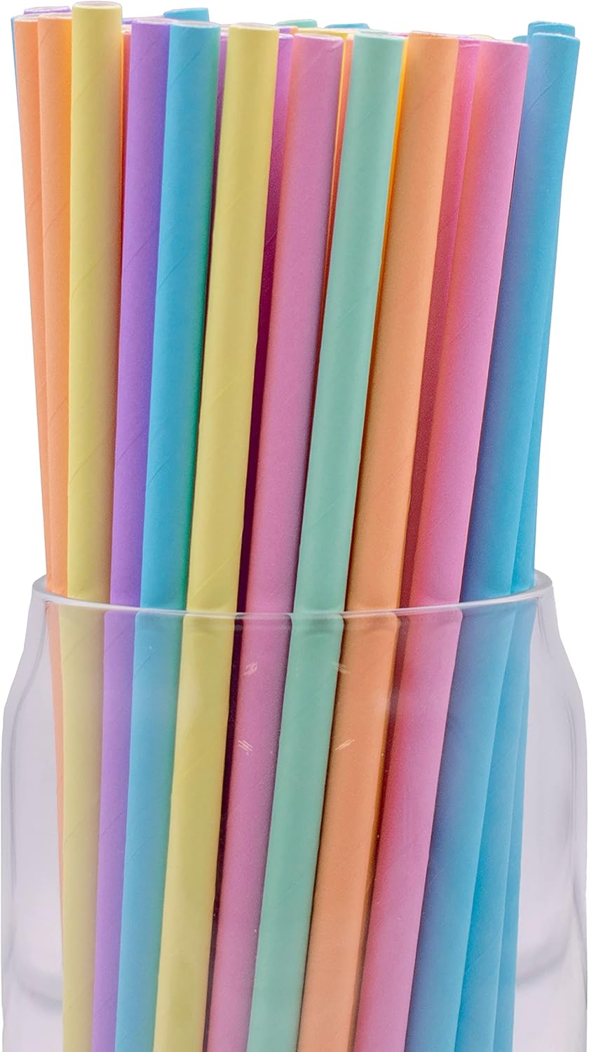 Pack of 300 Assorted Pastel Biodegradable 4-Ply Paper Drinking Straws (Compostable, Non-toxic, BPA-free)