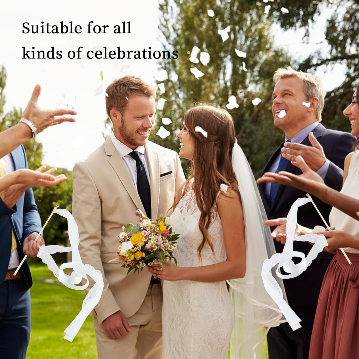 30 Pcs White Wedding Wands, Lace Wedding Streamers, Ribbon Streamers, Wedding Exit Items, Wedding Send Off Ideas, Dance Floor Props Sticks with Bells for Holiday Celebration Birthday Favors