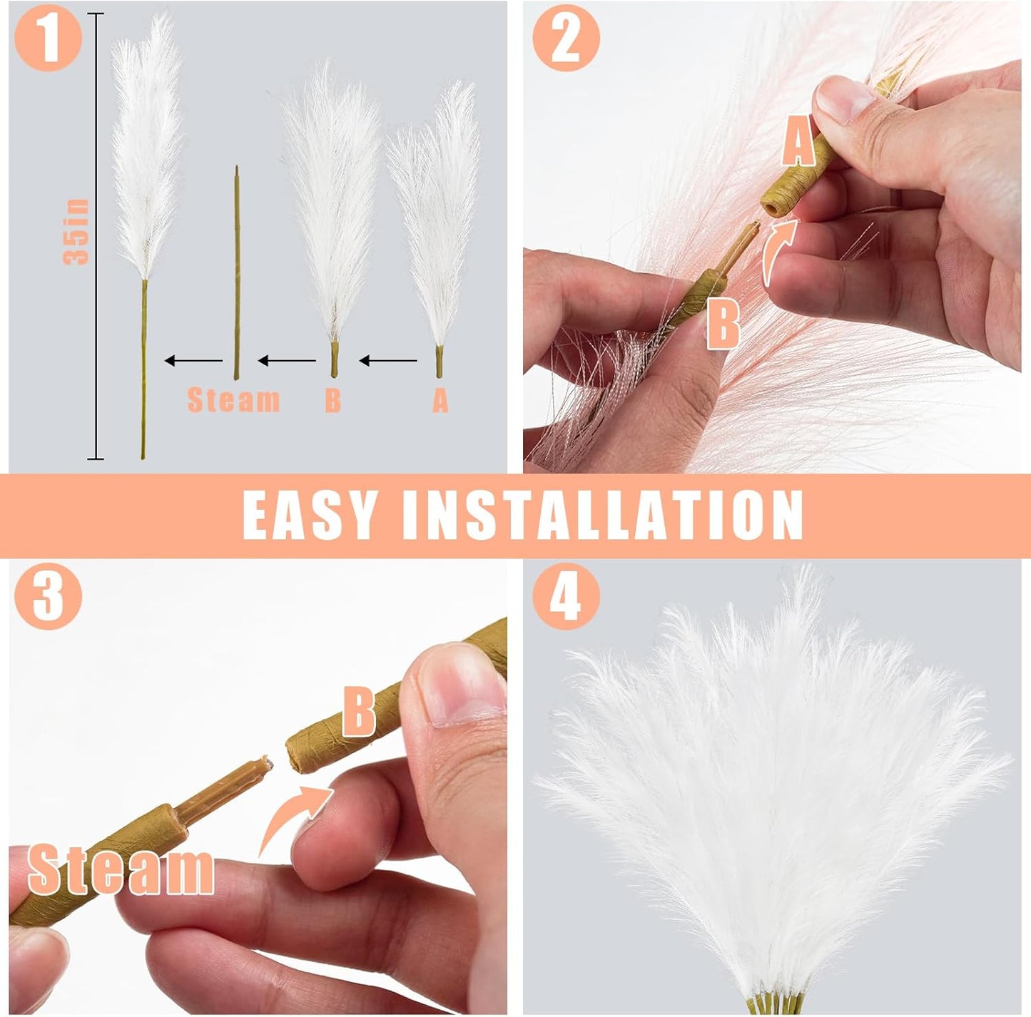 35" Faux Pampas Grass Decor, 8pcs Large Tall Fluffy Artificial Pompous Grass Branches Floral Fake Pompas Grass Bulrush Floor Vase Filler Flower Arrangement for Home Wedding Boho Decor-White
