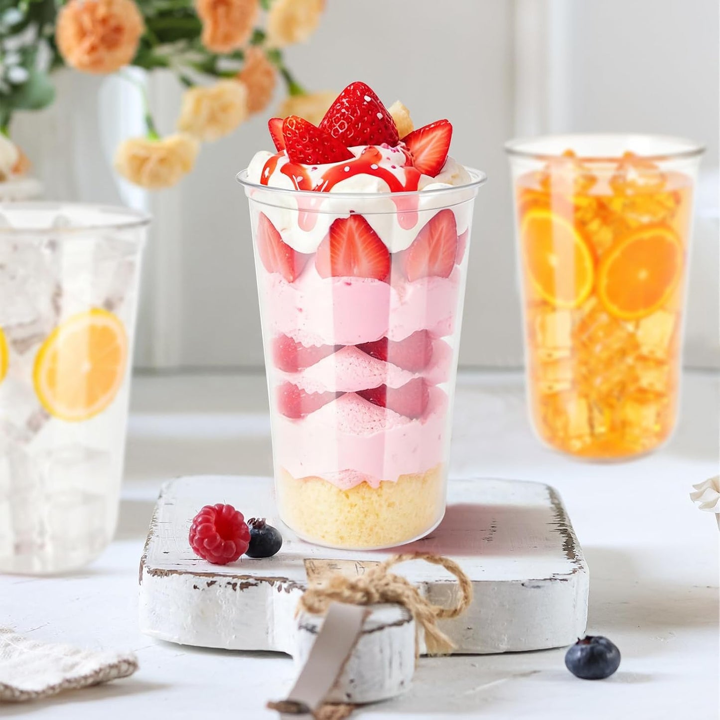 60 Pcs Disposable Stemless Clear Glasses 18 oz NATURAL Arc Crystal Plastic wine glasses Clear Classic Pet Cup for Meeting Weddings Birthdays Cocktail Christmas Party Supplies