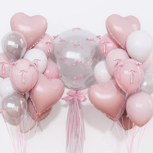 Pastel Pink and White Balloons Heart Shape Balloons, Light Baby Dusty Pink White Coquette Party Decorations with 18 inch Clear Heart Mylar Balloon for Princess Girl Just Want to Be One Birthday Decor